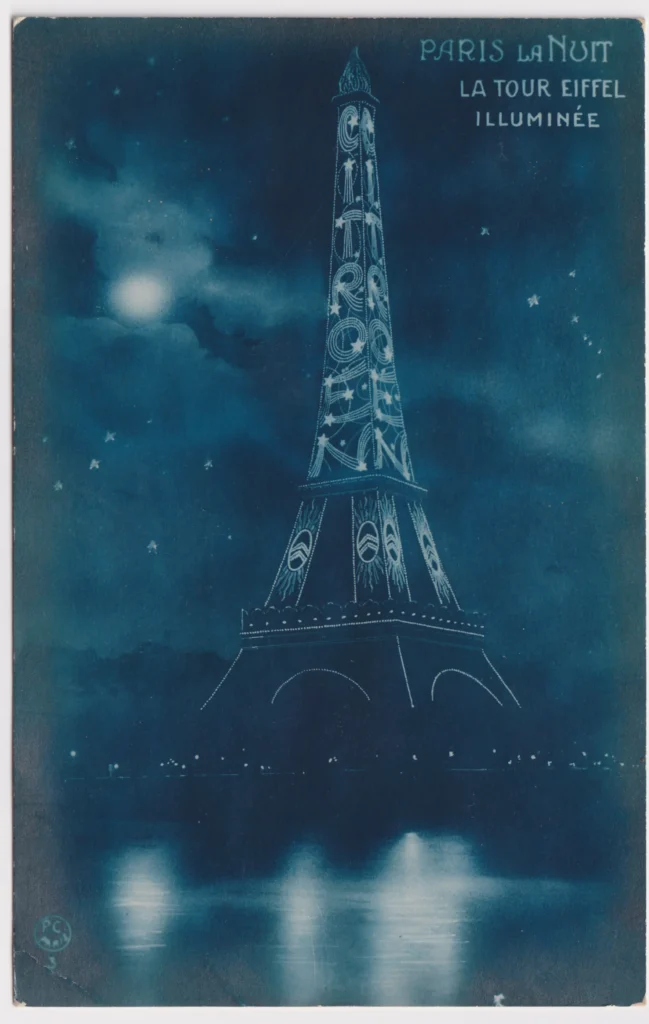 postal 1925 París - torre eiffel noche rótulo citroen